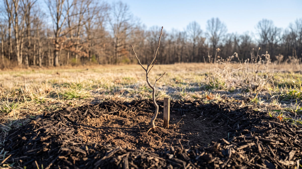 A young oak seedling newly planted in a mulched circle in an open field, with bare winter oaks in the background