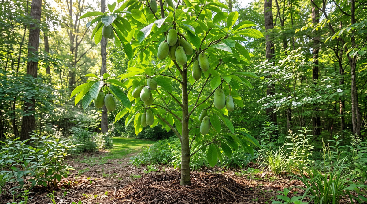 A young pawpaw tree with large green leaves and clusters of green fruit growing at the edge of a woodland, with a mulch ring at its base.