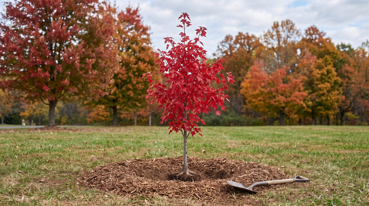 A young red maple sapling newly planted in a lawn, ringed with wood mulch, with mature red and orange maples behind it