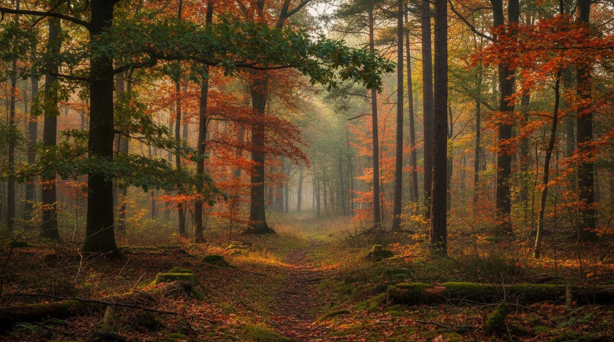 A woodland path through native trees in autumn color