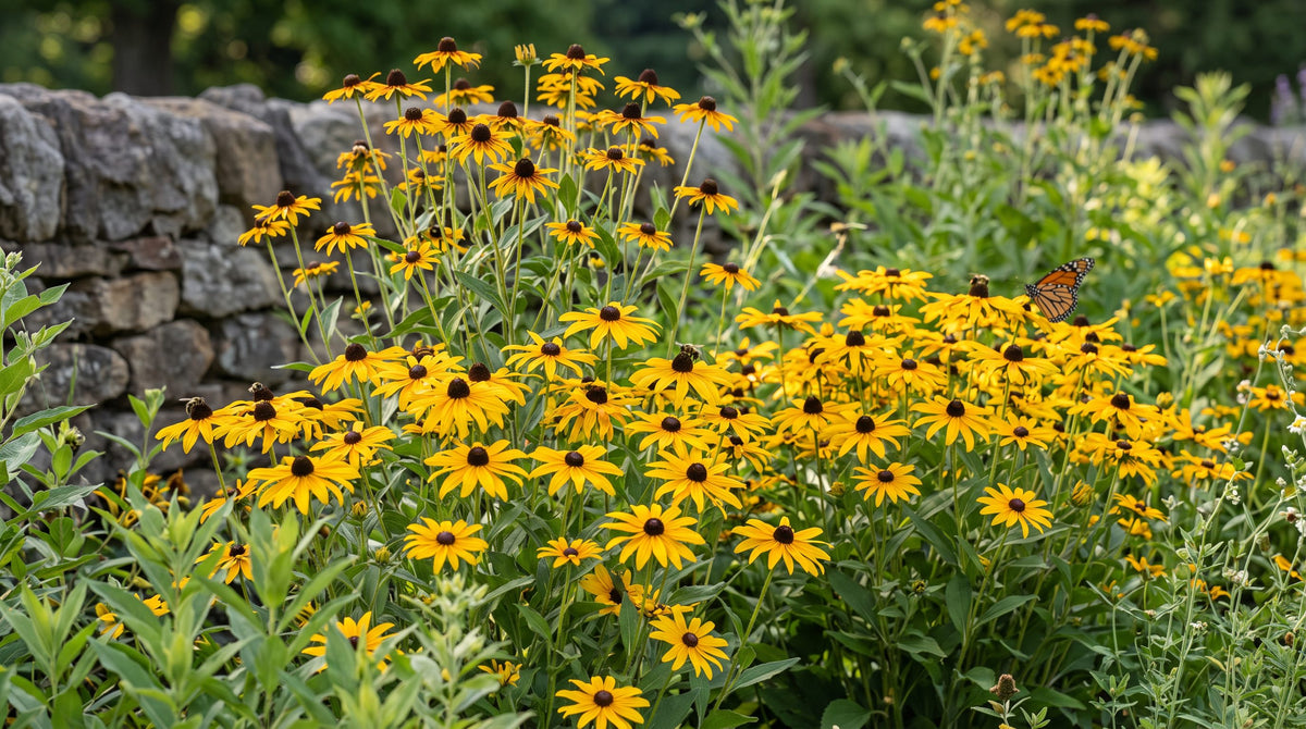 Drifts of native black-eyed Susans with golden petals and dark centers blooming in a sunny late-summer garden