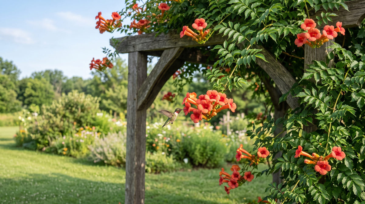 Orange-red trumpet vine flowers covering a wooden arbor beside a mowed lawn, with a hummingbird feeding at one bloom