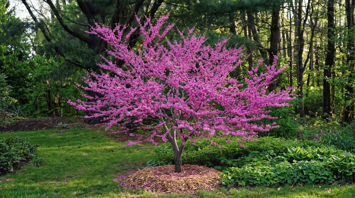 Young Eastern redbud tree in pink-purple spring bloom with a ring of wood-chip mulch at its base, at a woodland edge